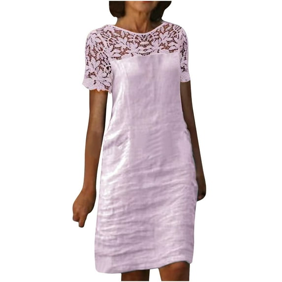 Lolmot Women's Casual Solid Color Short Sleeved Round Neck Loose Dress Women's Summer Cotton Linen Lace Hollow Shoulder Dresses