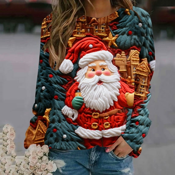 Up to 65 off!Lolmot Women's Christmas Oversized Sweatshirts Casual Crewneck Long Sleeve Graphic Tops Funny Xmas Holiday Shirt 3D Print Fleece Pullover
