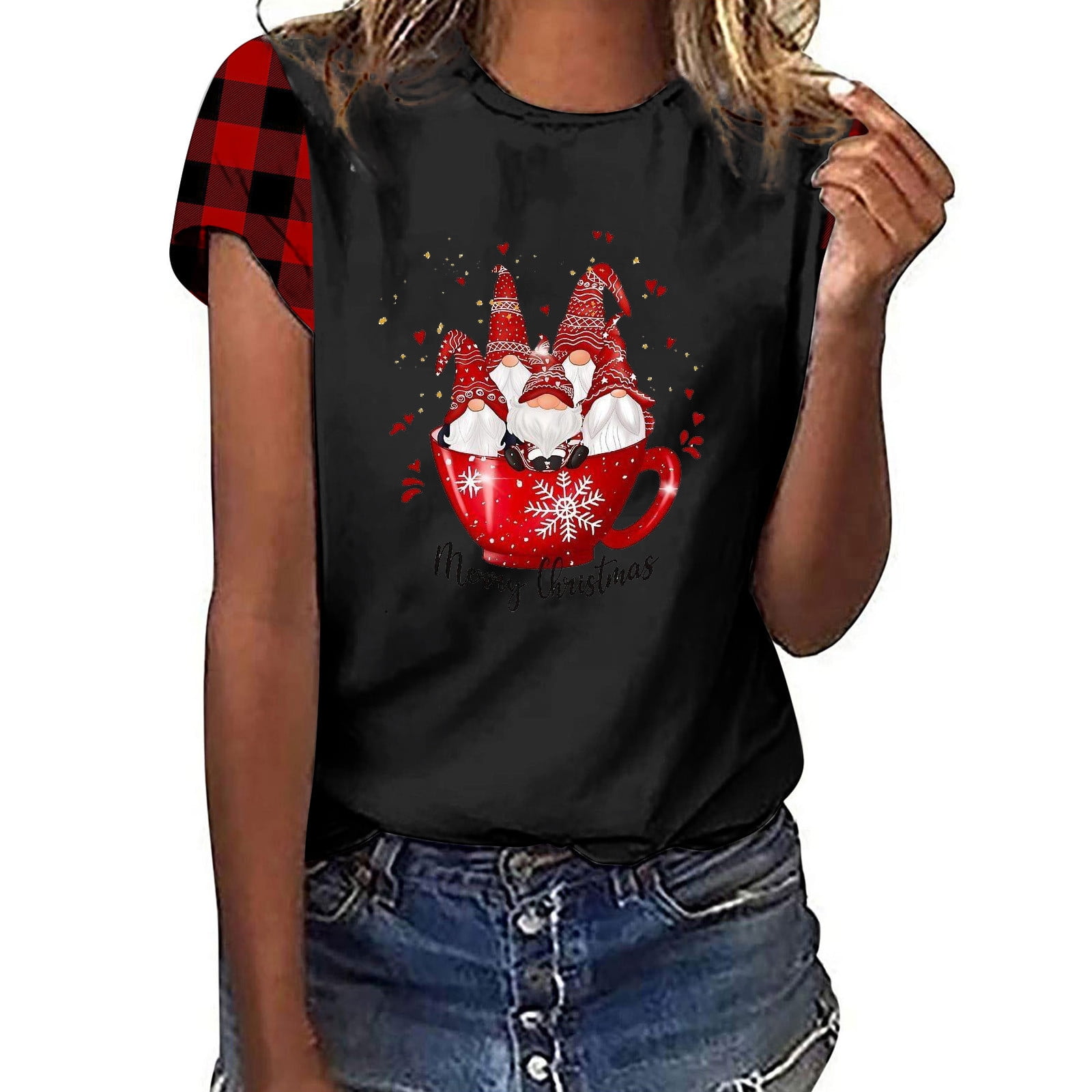 Lolmot Women's Christmas Shirts Cute Santa Claus Graphic Print Tee
