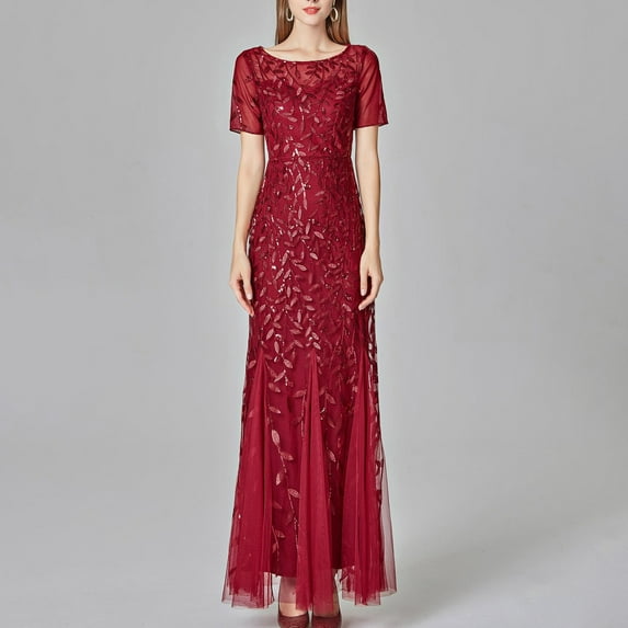 Lolmot Women's Cocktail Bodycon Dress Fashion Solid Color Round Neck Sequin Mesh Short Sleeve Sexy Fishtail Party Dress Evening Dress