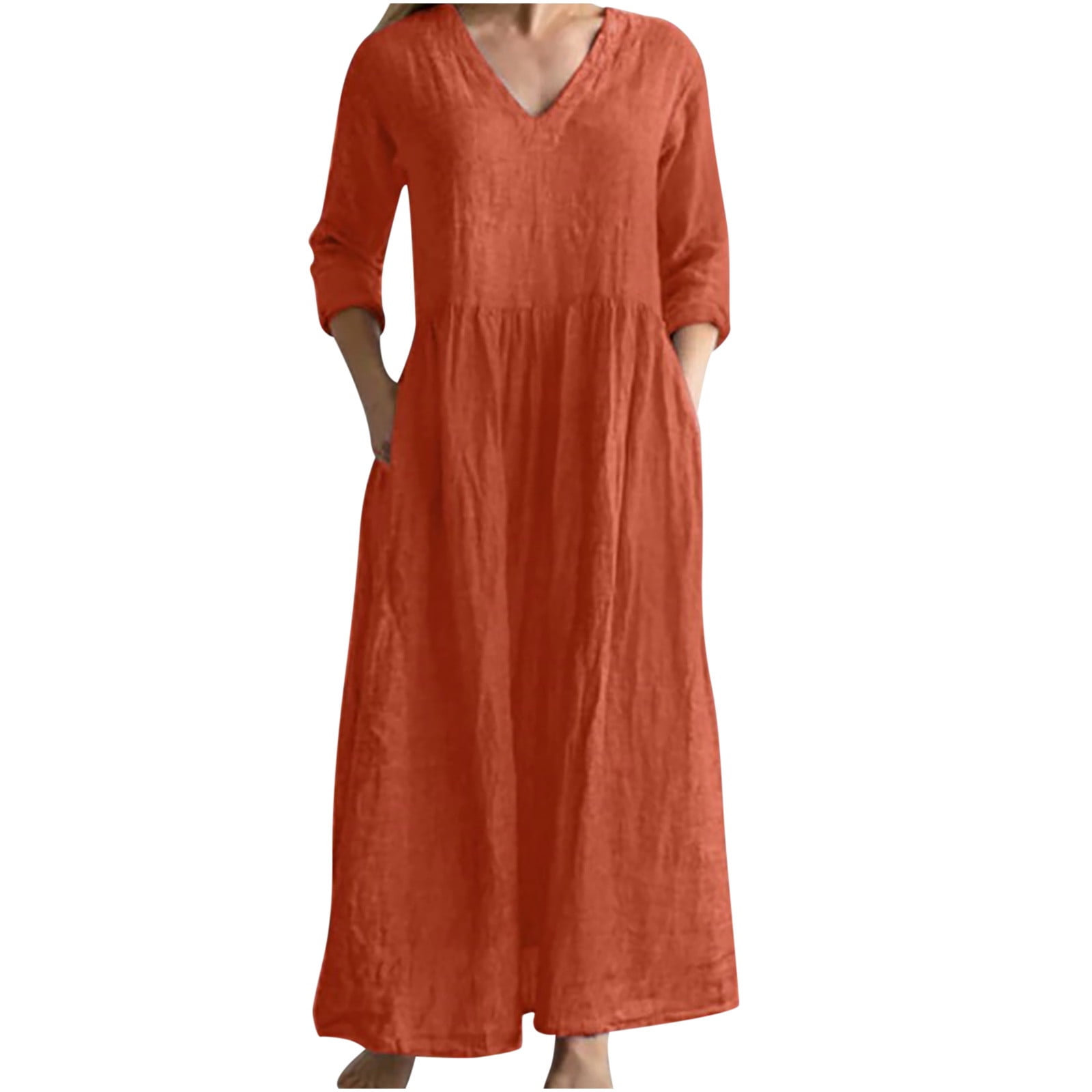 Blue Plus Size Casual Cotton Linen Dresses For Women Q9043