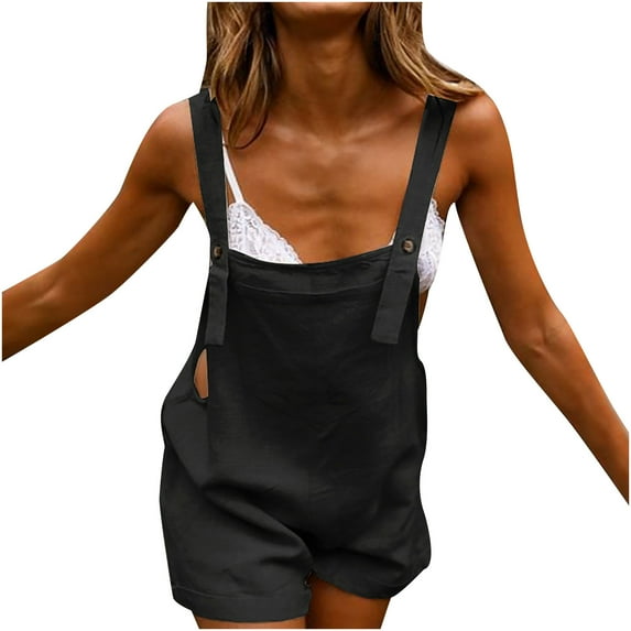 Lolmot Women's Cotton Linen Short Overalls Casual Off Shoulder Adjustable Suspender Rompers Summer Casual Loose Fit Solid Color Bib Jumpsuit with Pockets