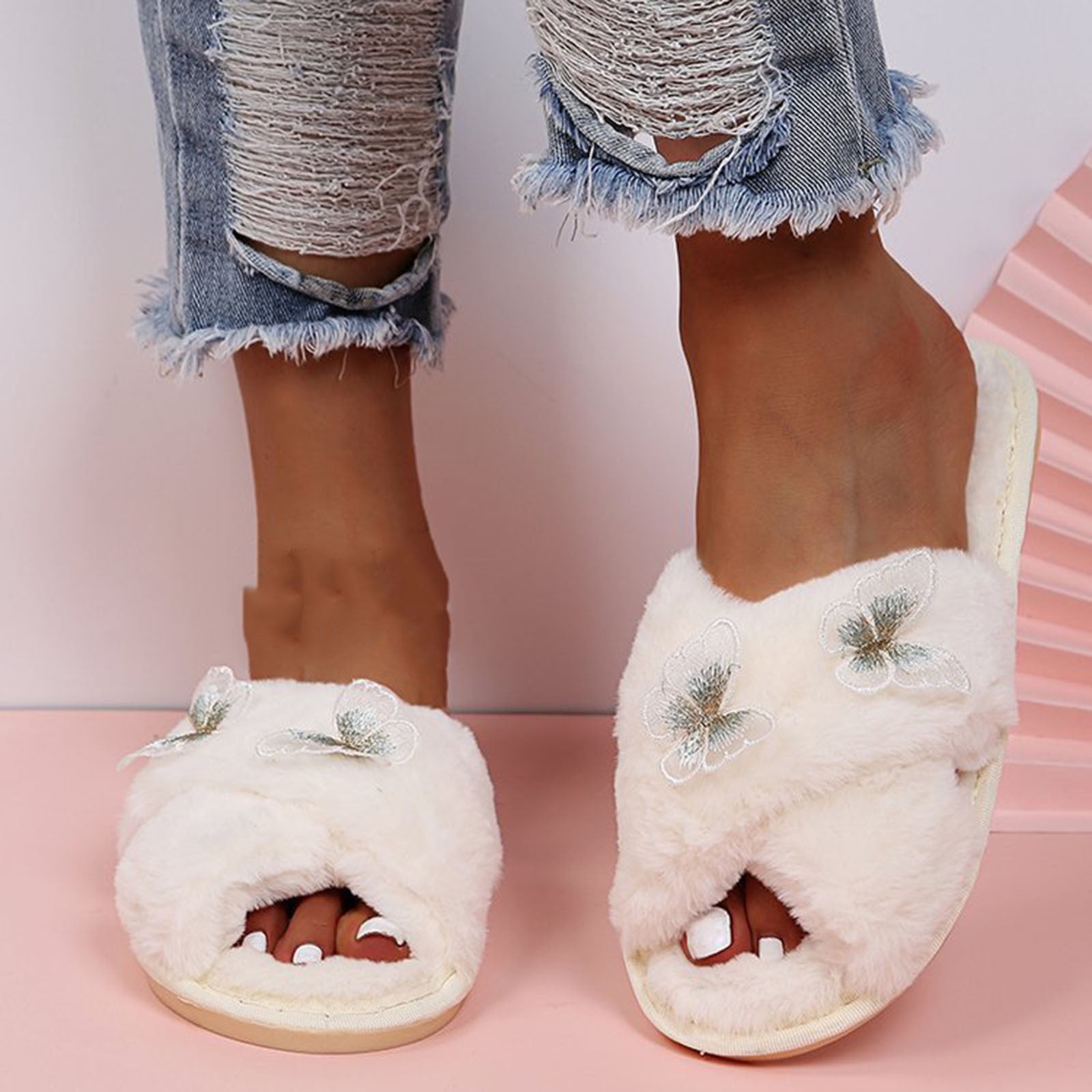 Lolmot Women's Cross Band Slippers Fuzzy Soft House Slippers Plush