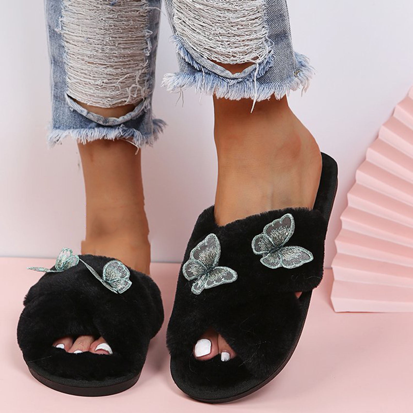 Lolmot Women's Cross Band Slippers Fuzzy Soft House Slippers Plush Furry Warm Cozy Flat Home