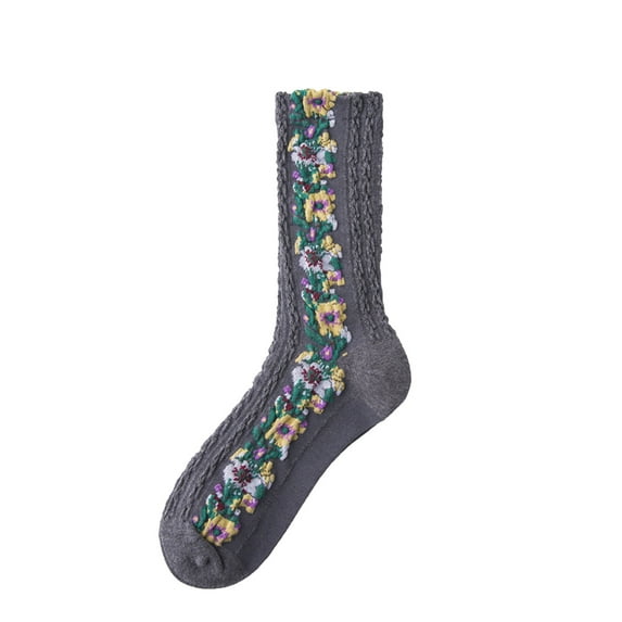 Lolmot Women's Floral Design Vintage Crew Socks Cotton Socks Ethnic Jacquard Knit Mid-Calf Socks