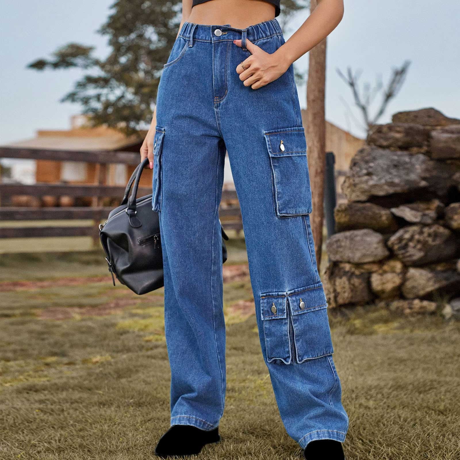 Lolmot Women's High Waisted Baggy Cargo Jeans Side Flap Lolmot Women's High Waisted Baggy Cargo Jeans Side Flap