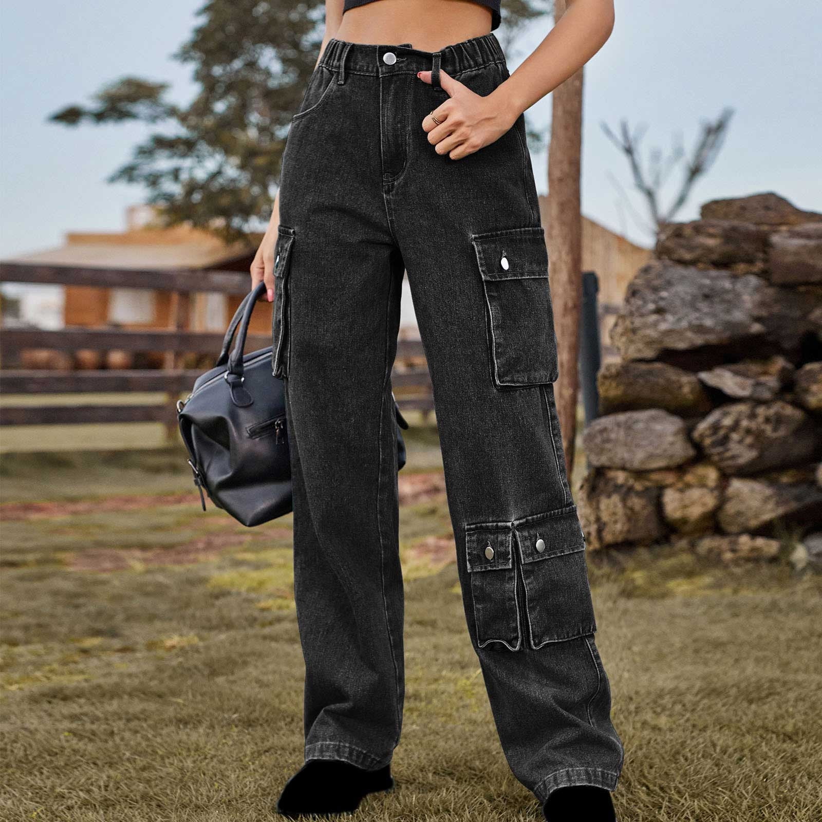 Lolmot Women's High Waisted Baggy Cargo Jeans Side Flap Lolmot Women's High Waisted Baggy Cargo Jeans Side Flap