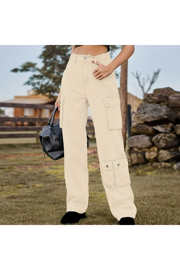Lolmot Women's High Waisted Baggy Cargo Jeans Side Flap Pockets Denim Pants Straight Leg Y2K Streetwear Trousers with Big Pockets