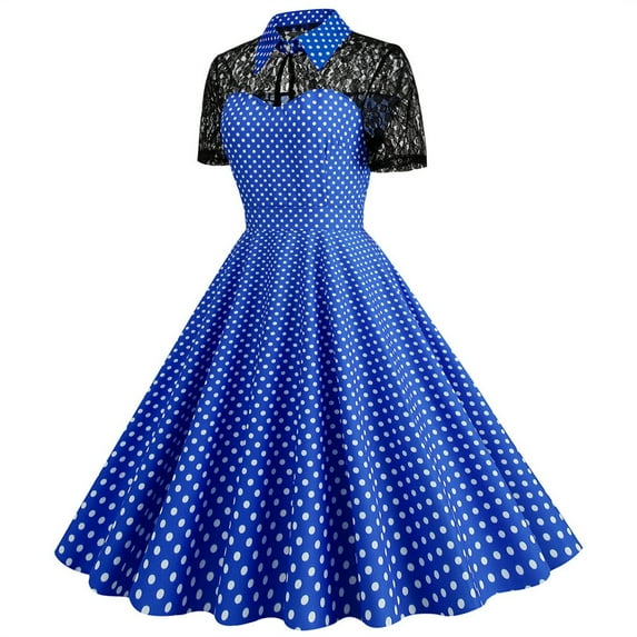 Lolmot Women's Lapel Hepburn Dress 50s 60s Vintage Polka Dot Cocktail Audrey Rockabilly A-Line Wedding Party Midi Dress Short Sleeve Swing Party Evening Prom Gown Dress