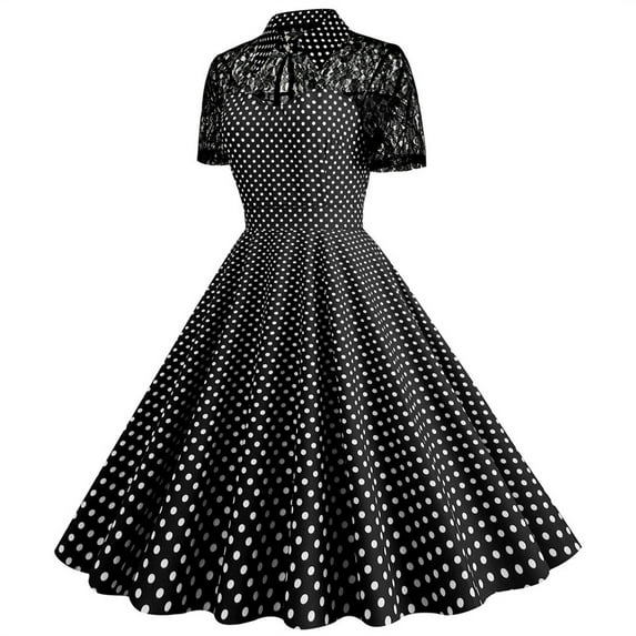 Lolmot Women's Lapel Hepburn Dress 50s 60s Vintage Polka Dot Cocktail Audrey Rockabilly A-Line Wedding Party Midi Dress Short Sleeve Swing Party Evening Prom Gown Dress