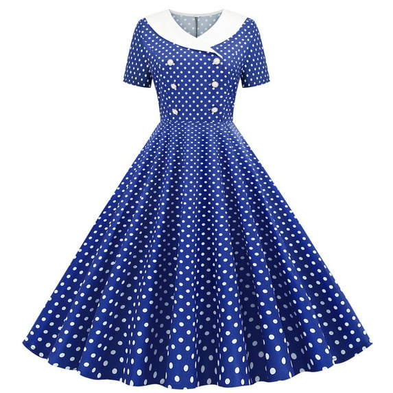 Lolmot Women's Lapel Hepburn Dress 50s 60s Vintage Polka Dot Cocktail Audrey Rockabilly A-Line Wedding Party Midi Dress Short Sleeve Swing Party Evening Prom Gown Dress