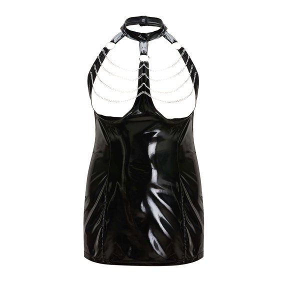 Up to 65 off!Lolmot Women's Lingerie Set Fun Black PU Leather Mini Bodycon Dress Nightwear Sexy Cut Out Chain Linked Choker Lingerie Set