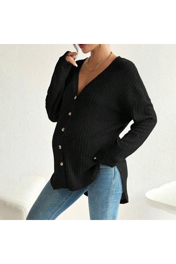 Lolmot Women's Maternity Cardigan Sweaters Button Down Drop Shoulder V Neck Open Front Long Sleeve Ribbed Knit Sweater Cardigans Outerwear