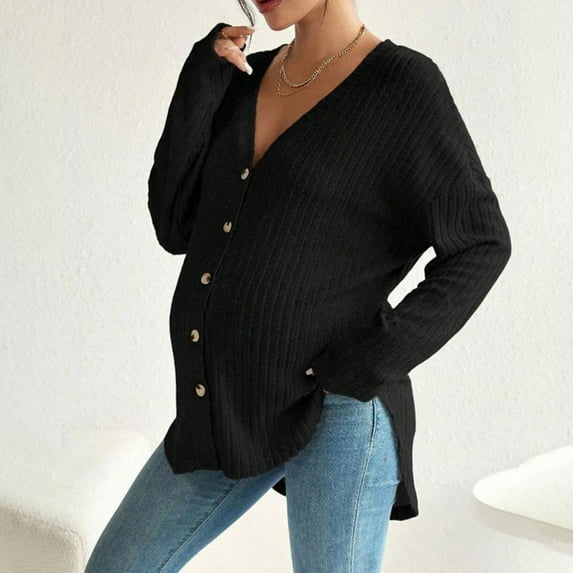 Lolmot Women's Maternity Cardigan Sweaters Button Down Drop Shoulder V Neck Open Front Long Sleeve Ribbed Knit Sweater Cardigans Outerwear