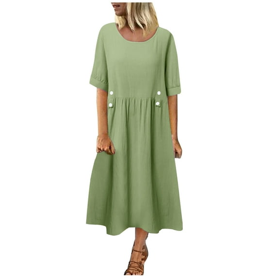 Lolmot Women's Maxi Dresses Loose Cotton Linen Dress Casual Short-Sleeved Round Neck Solid Color Dress with Button