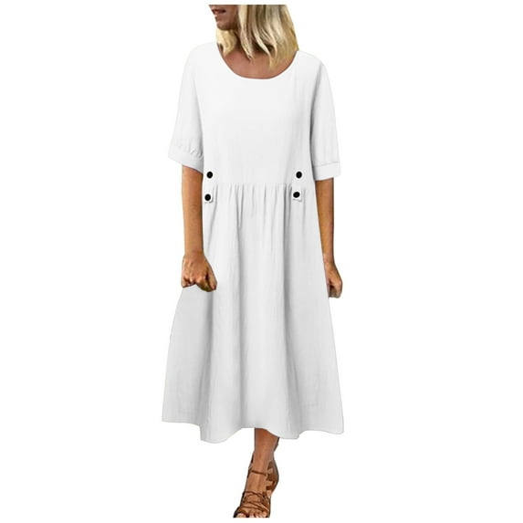 Lolmot Women's Maxi Dresses Loose Cotton Linen Dress Casual Short-Sleeved Round Neck Solid Color Dress with Button