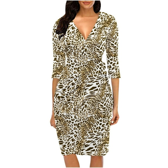 Lolmot Women's Mid-Sleeve Cross V Neck Leopard Print Solid Color High Waist A Line Summer Casual Short Dress