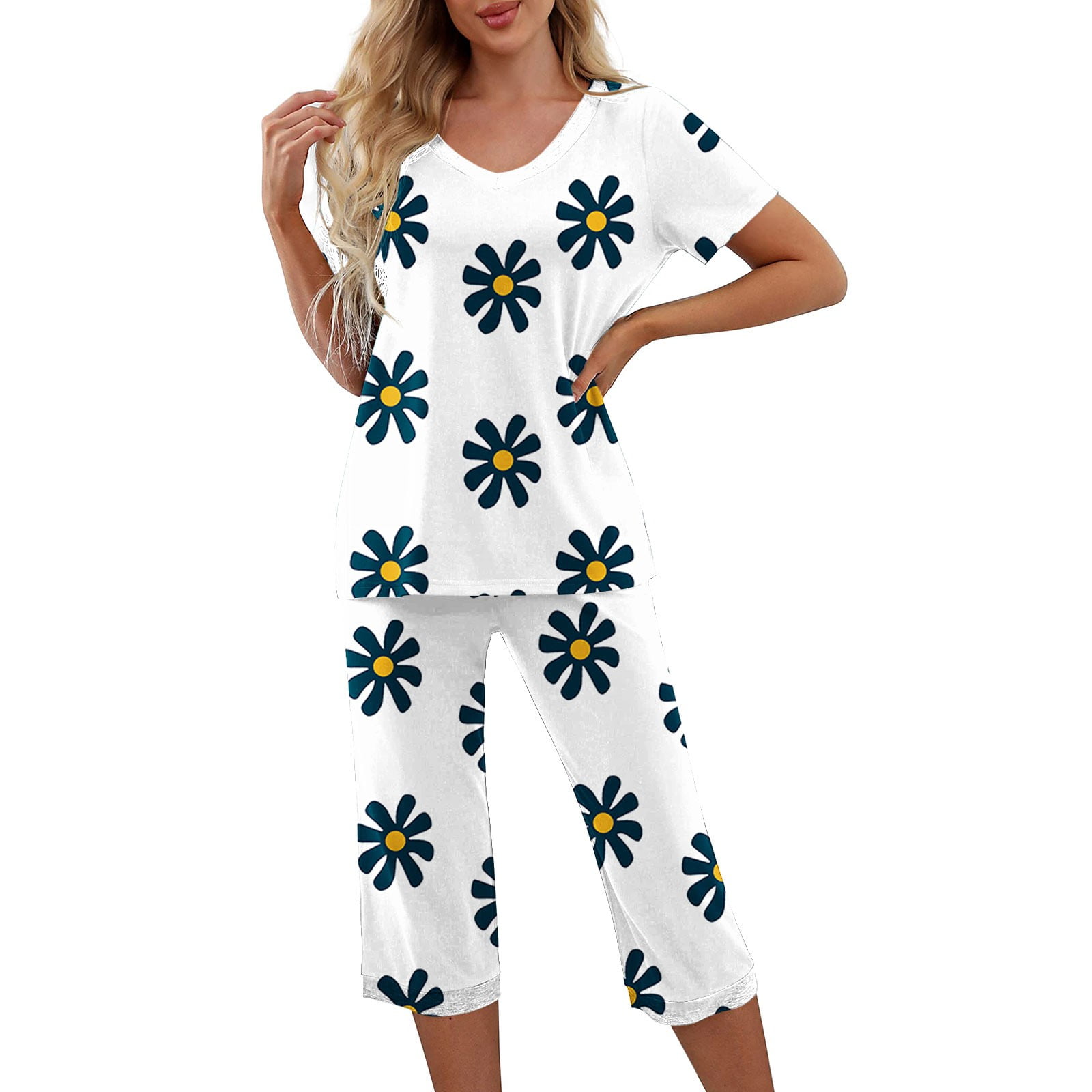 QCIV Women's Pajama Set - V-Neck Top & Capri Pants, 95% Rayon 5% Spandex, Floral/Animal Prints, Comfy PJS