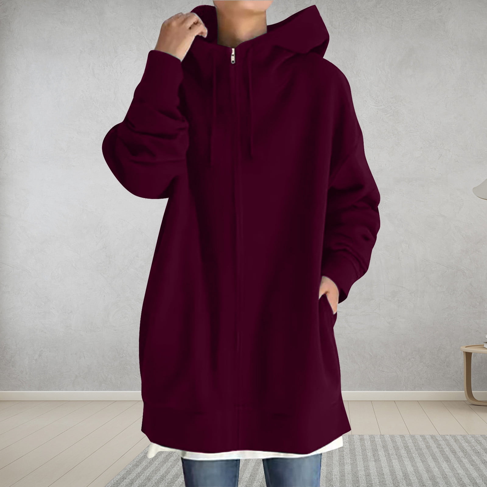 Full Size Hooded Zip-Up Longline Outerwear Plus Size