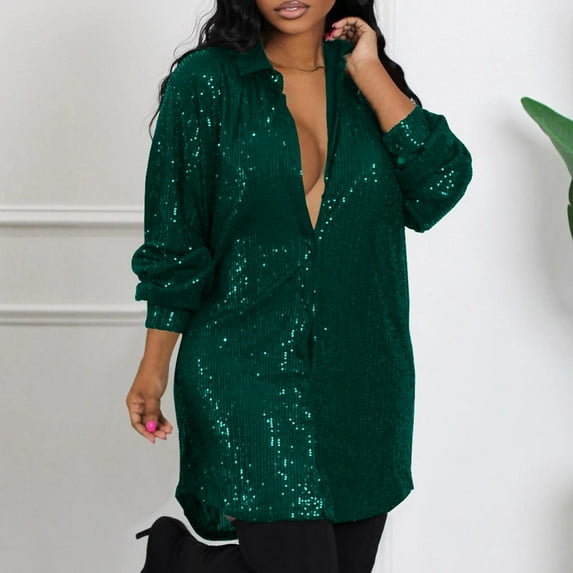 Lolmot Women's Plus Size Shirts Dresses Fashion Sequins Long Sleeved Solid Make Dress Party Dress Formal Dresses Buttons V-Neck Cocktail Glitter Wedding Evening Clubwear Shirts