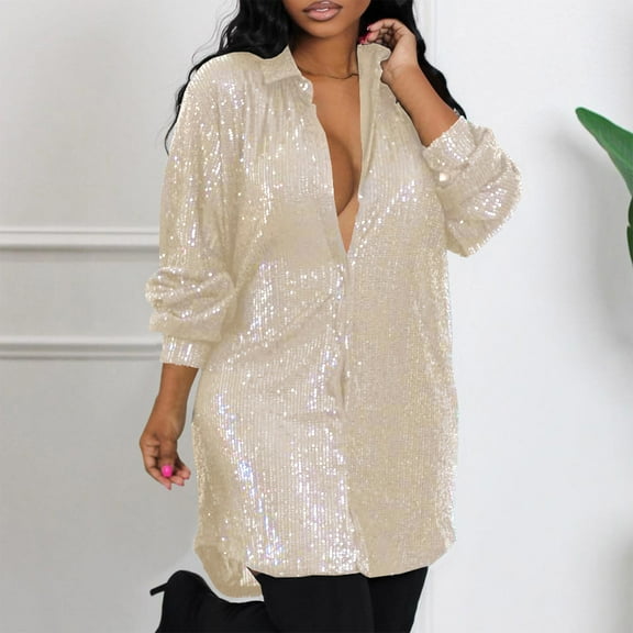Lolmot Women's Plus Size Shirts Dresses Fashion Sequins Long Sleeved Solid Make Dress Party Dress Formal Dresses Buttons V-Neck Cocktail Glitter Wedding Evening Clubwear Shirts