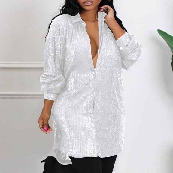 Lolmot Women's Plus Size Shirts Dresses Fashion Sequins Long Sleeved Solid Make Dress Party Dress Formal Dresses Buttons V-Neck Cocktail Glitter Wedding Evening Clubwear Shirts