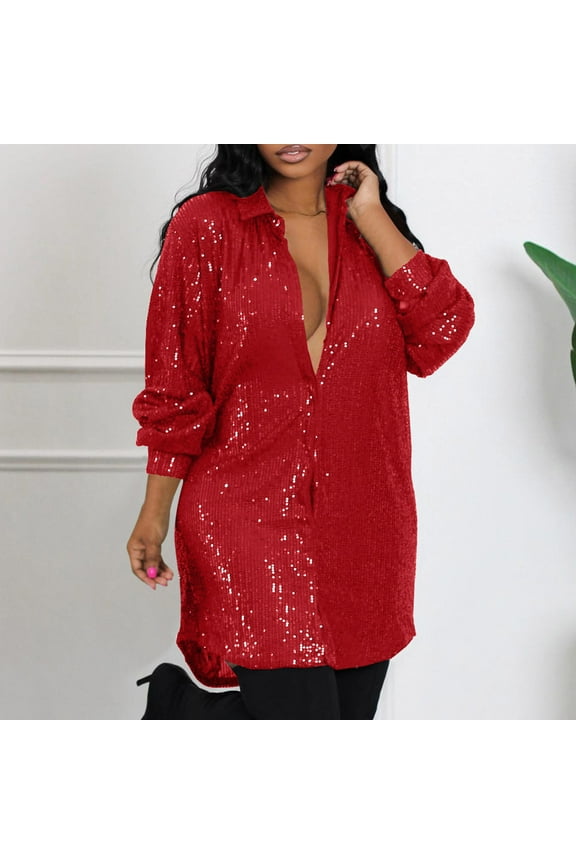 Lolmot Women's Plus Size Shirts Dresses Fashion Sequins Long Sleeved Solid Make Dress Party Dress Formal Dresses Buttons V-Neck Cocktail Glitter Wedding Evening Clubwear Shirts