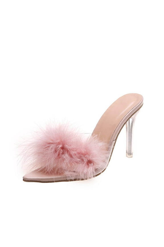 Lolmot Women's Pointed Toe High Heel Mule Sandals Fuzzy Heels heels Wedding bridal Party Dress Shoes Fur Fluffy Mules Slip On High Heels Sandals