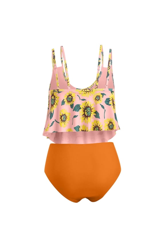 Women's Sexy Sling Bathing Suit Breast Contrast Sunflower Print Split Bikini Set Two Piece Swimsuit Sets