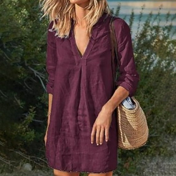 Lolmot Women's Shirt Dress V Neck 3/4 Sleeve Loose Casual Cotton Linen Maxi Dresses Solid Color Tunic Long Shirts Blouse