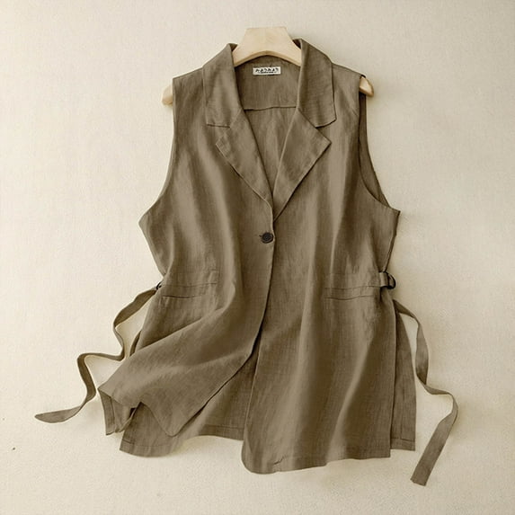 Lolmot Women's Sleeveless Button Down Vest Casual Open Front V Neck Cotton Linen Vintage Blazer Waistcoat Jacket