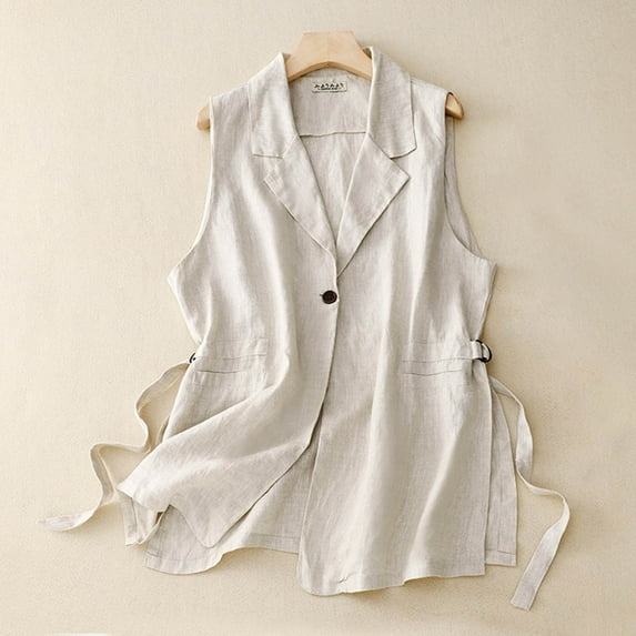 Lolmot Women's Sleeveless Button Down Vest Casual Open Front V Neck Cotton Linen Vintage Blazer Waistcoat Jacket