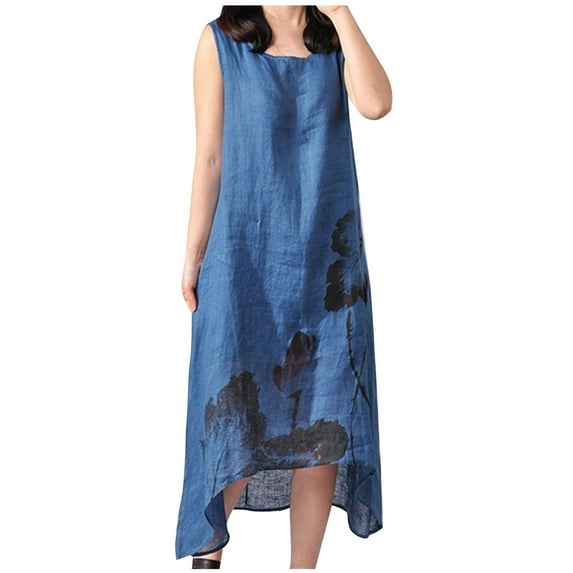 Lolmot Women's Spring Summer Sleeveless Casual Tank Dress Solid Color Round Neck Lotus Flower Printed Cotton Linen Dress