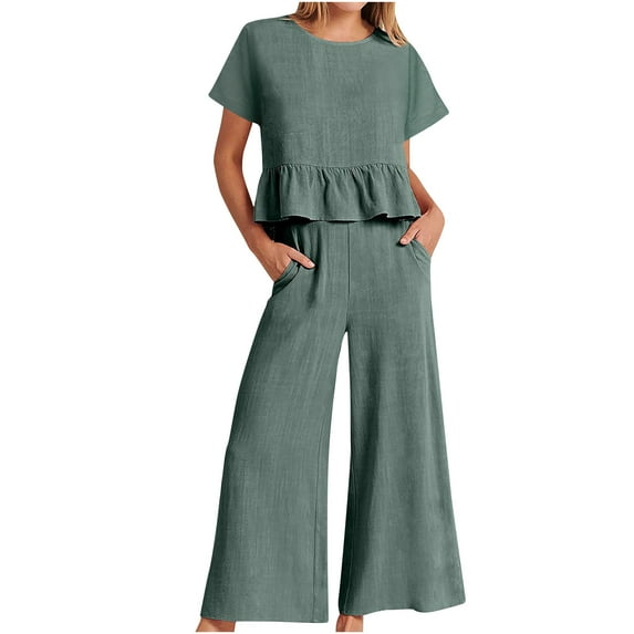 Lolmot Women's Summer 2 Piece Outfits Short Sleeve O-Neck Solid Color Tank Crop Button Back Top Cropped Wide Leg Pants Set with Pockets