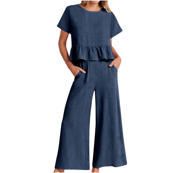 Lolmot Women's Summer 2 Piece Outfits Short Sleeve O-Neck Solid Color Tank Crop Button Back Top Cropped Wide Leg Pants Set with Pockets