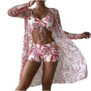 Lolmot Women Sexy 3 Piece Bikini Set Swimsuit Printed Push Up Swimwear Beach Cardigan Wear Bathing Suit