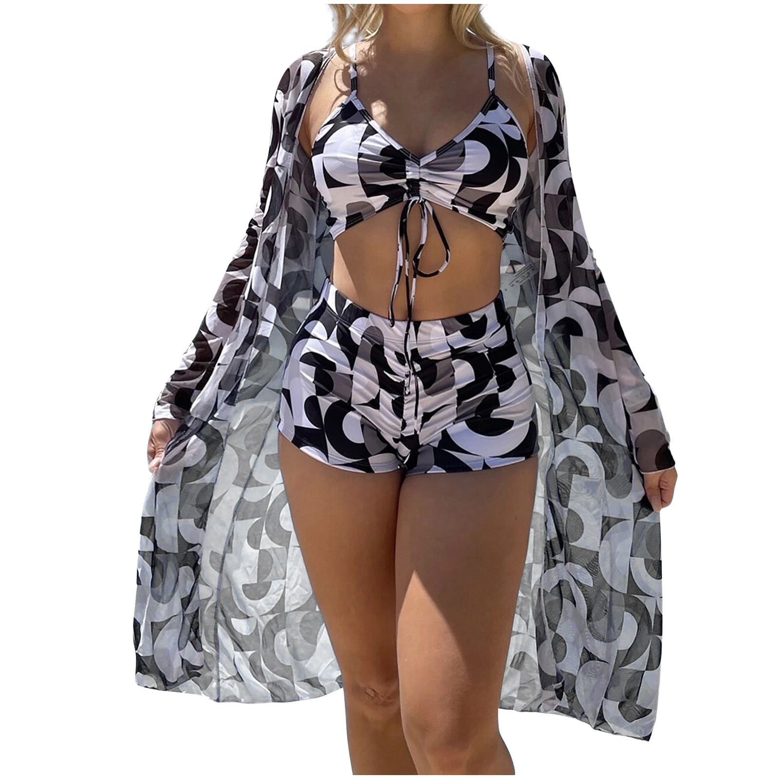 Lolmot Women's Summer Casual Halter Top Bathing Suit Printed 3 Pieces High  Waist Bikini Maxi Swimsuit Cover up,Bathing Suit for Women for Swimming