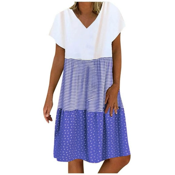 Lolmot Women's Summer Fashion Casual Loose Stripe Dot Patchwork Dress Beach Vacation V-Neck Short Sleeve Loose Going Out Dress Plus Size Sundress