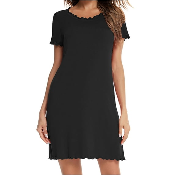 Lolmot Women's Summer Home Thin Curling Short Sleeve Solid Color Home Dress Comfortable Soft Sleeping Dress