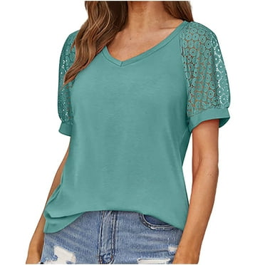Lolmot Women's Summer Lace Short Sleeve V-Neck Tops Shirt Loose Casual Solid Color Tee Blouse