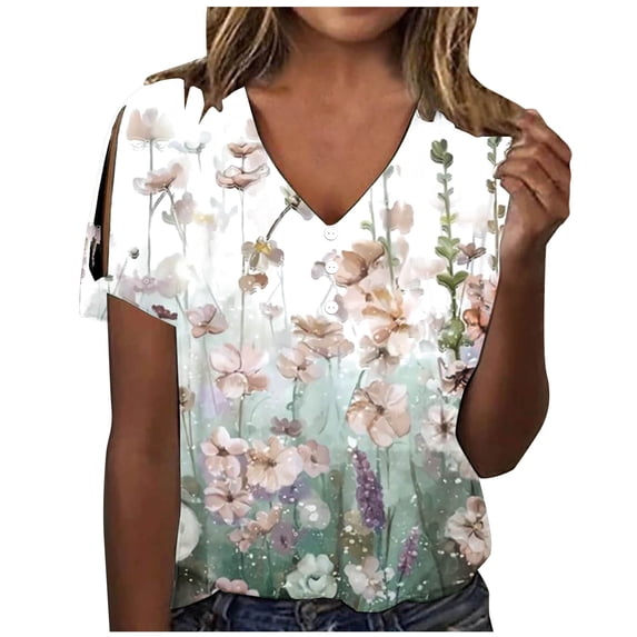 Lolmot Women's T-Shirts Fashion Casual V-Neck Short Sleeve Floral Printing Button Loose Top Blouse Shirts