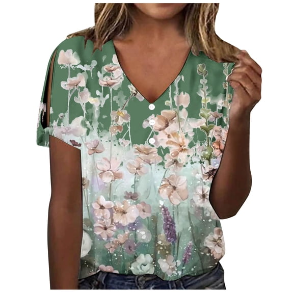 Lolmot Women's T-Shirts Fashion Casual V-Neck Short Sleeve Floral Printing Button Loose Top Blouse Shirts