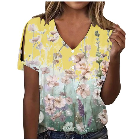 Lolmot Women's T-Shirts Fashion Casual V-Neck Short Sleeve Floral Printing Button Loose Top Blouse Shirts
