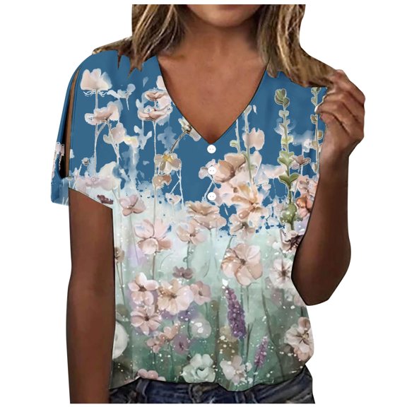 Lolmot Women's T-Shirts Fashion Casual V-Neck Short Sleeve Floral Printing Button Loose Top Blouse Shirts
