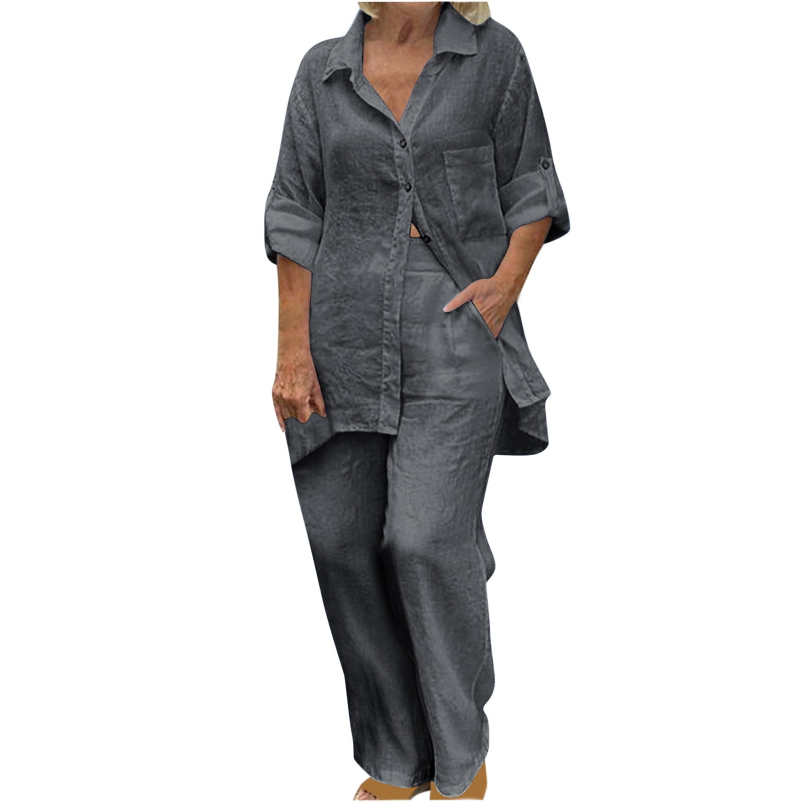 Linen Blend V-neck Long-sleeved Loose Top and Elastic Waist Casual Pocket Pants Set