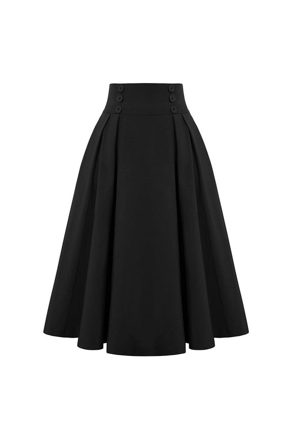 Lolmot Women's Vintage Stretch High Waist A-Line Elastic Waist Flared Midi Skirts with Buttons Solid Color Elegant Pleated Skirt