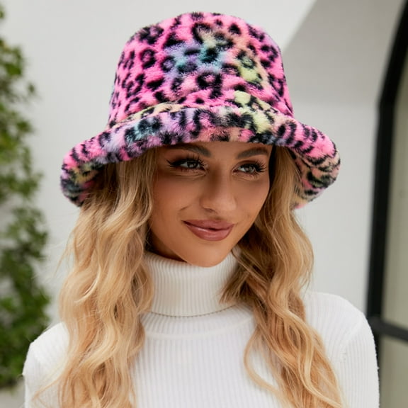 Lolmot Women's Winter Faux Fur Bucket Hats Unique Wild Leopard Printed Warm Fisherman Cap