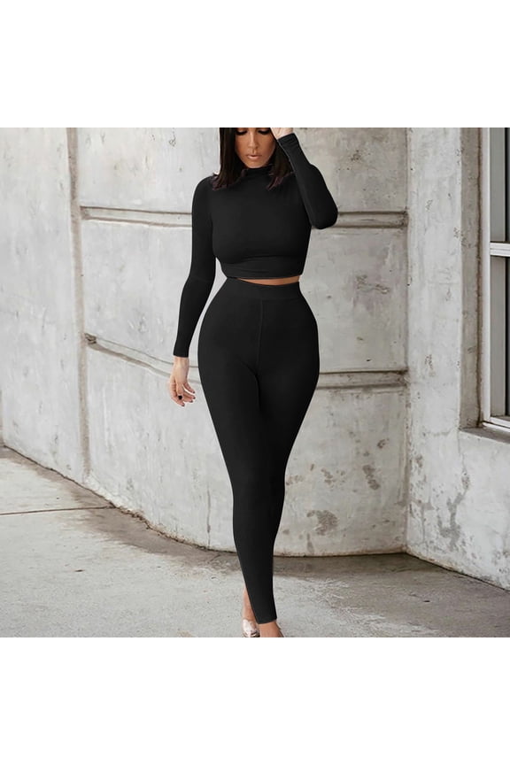 Lolmot Women's Workout Tracksuit 2 Piece Outfits Long Sleeve Crop Top High Waist Legging Pants Set Two Piece Bodycon Lounge Matching Sets Activewear