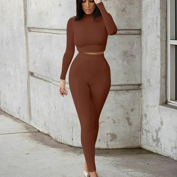 Lolmot Women's Workout Tracksuit 2 Piece Outfits Long Sleeve Crop Top High Waist Legging Pants Set Two Piece Bodycon Lounge Matching Sets Activewear