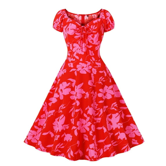 Lolmot Womens 1950s Retro Cocktail Party Swing Dress Short Sleeve V-Neck Polka Dot Color Block Audrey Dress Casual A-Line Midi Dress